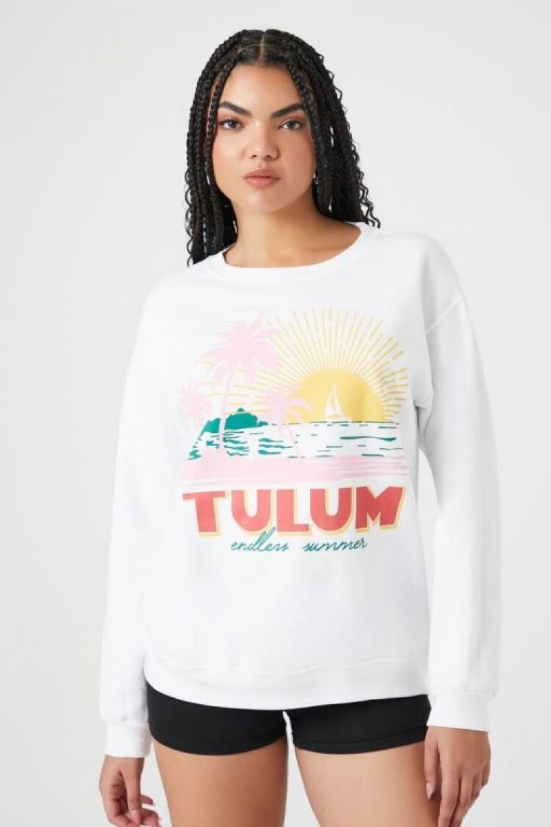 Pullover Forever 21 Fleece Tulum Estampadas Mujer Blancas Multicolor | Q85JRDqSl0M