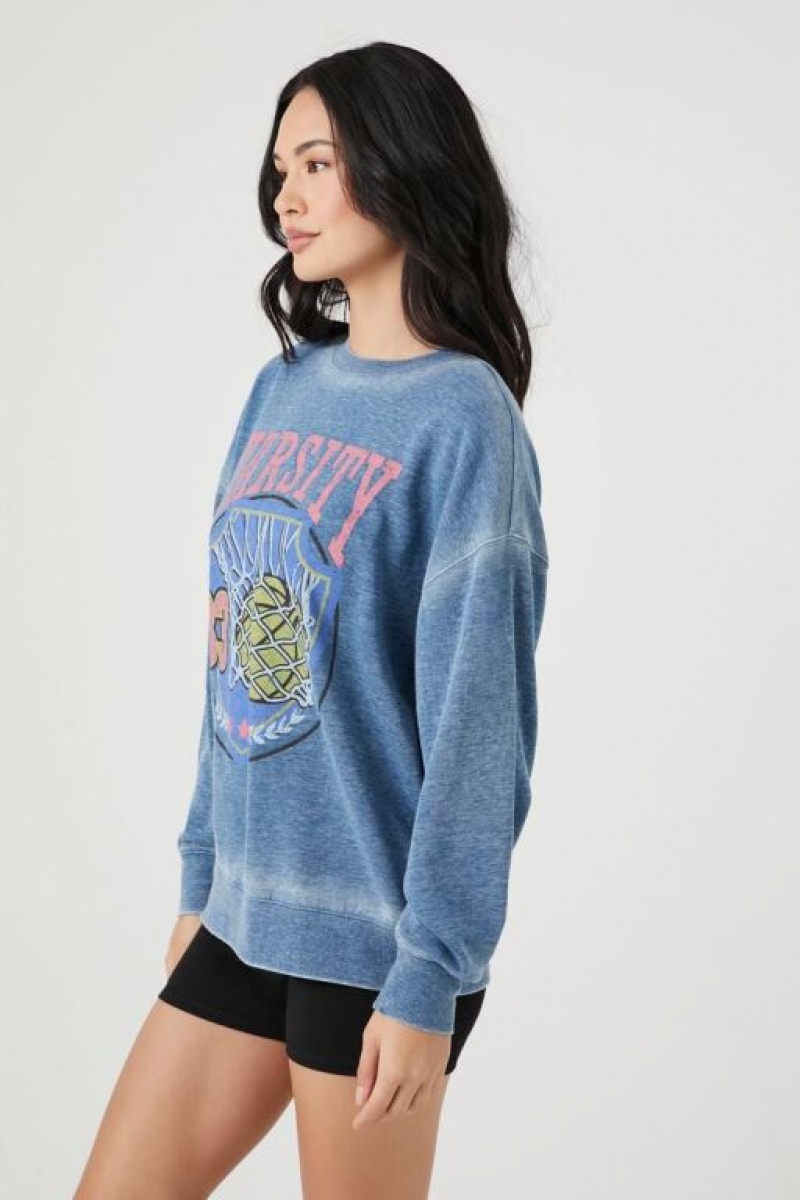 Pullover Forever 21 Fleece Varsity Estampadas Mujer Azules Multicolor | fWCAGs6DeQI