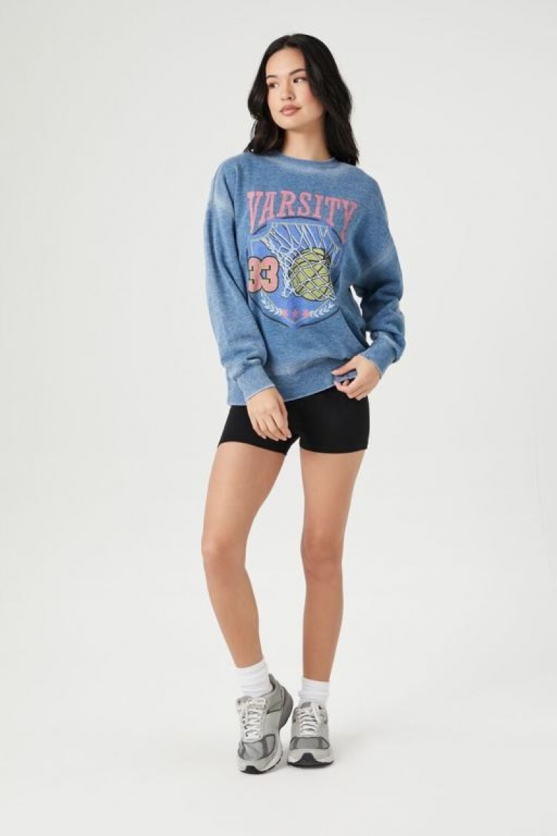 Pullover Forever 21 Fleece Varsity Estampadas Mujer Azules Multicolor | fWCAGs6DeQI