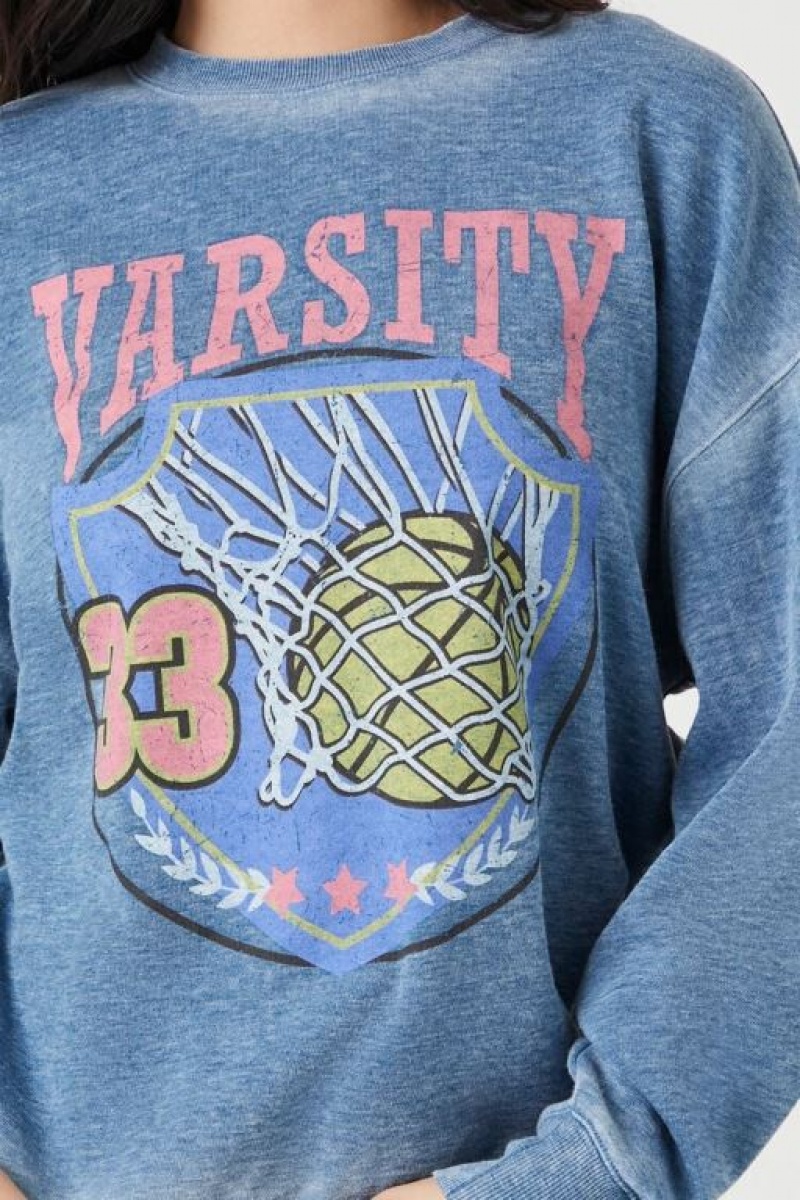 Pullover Forever 21 Fleece Varsity Estampadas Mujer Azules Multicolor | fWCAGs6DeQI