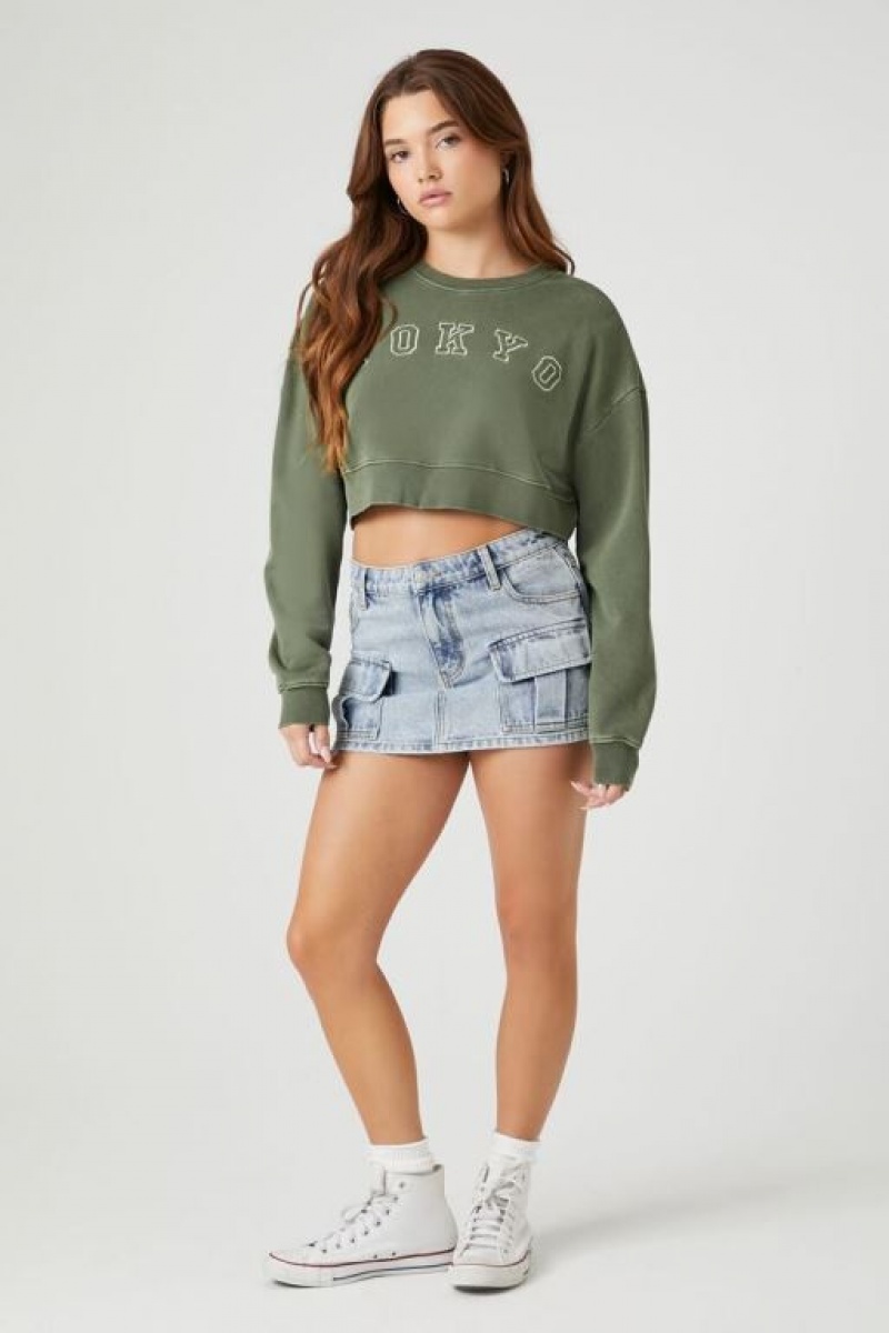 Pullover Forever 21 French Terry Tokyo Mujer Gris Verde | DeZFBd1zz8h