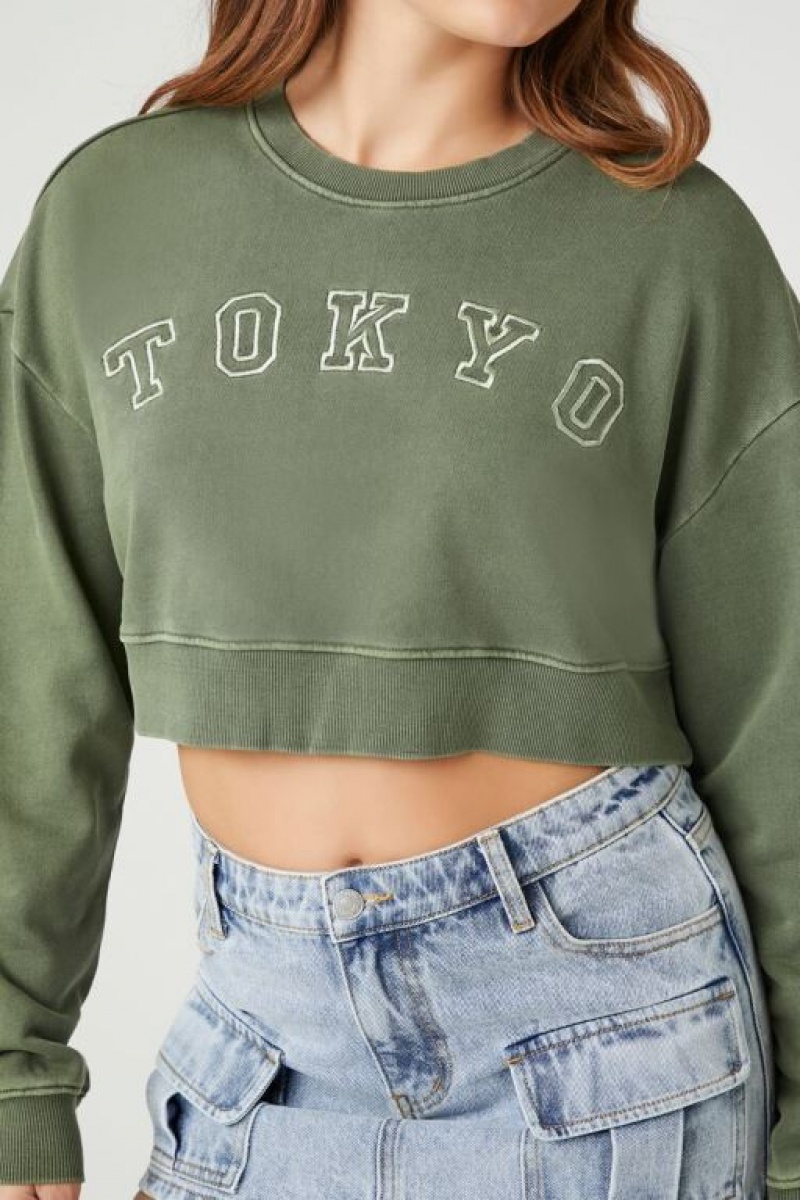 Pullover Forever 21 French Terry Tokyo Mujer Gris Verde | DeZFBd1zz8h