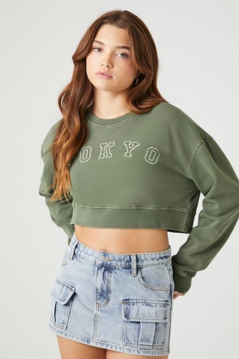 Pullover Forever 21 French Terry Tokyo Mujer Gris Verde | DeZFBd1zz8h