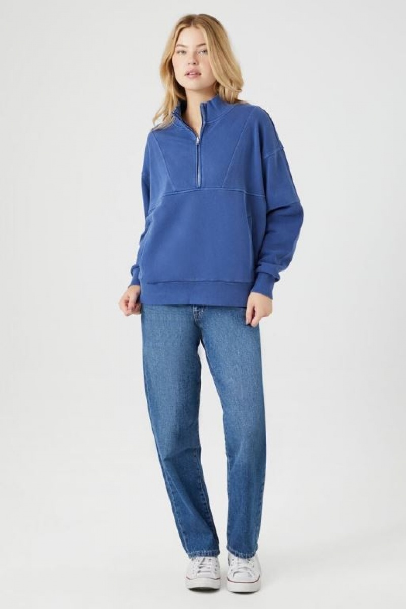 Pullover Forever 21 Half Zip Fleece Mujer Azules | gdV9PRZj9TW