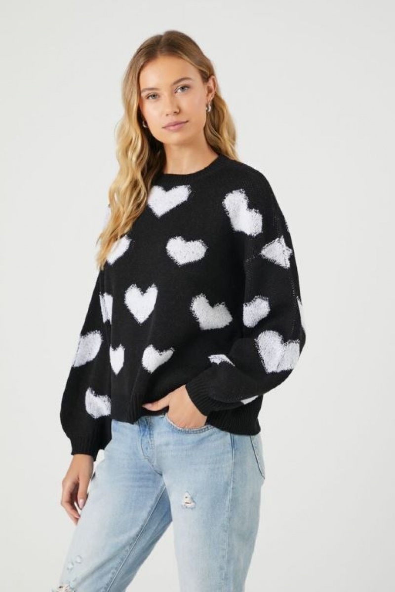 Pullover Forever 21 Heart Print Mujer Negras Blancas | HDVMKqLYEZu