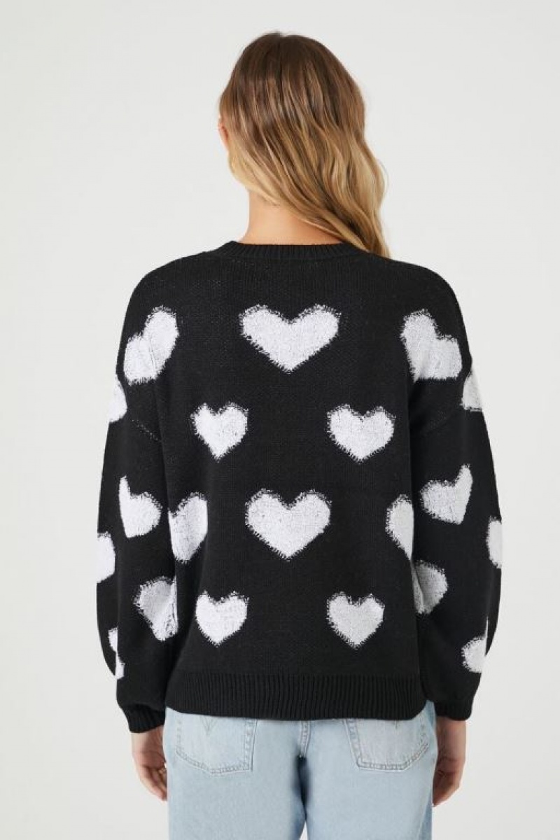 Pullover Forever 21 Heart Print Mujer Negras Blancas | HDVMKqLYEZu