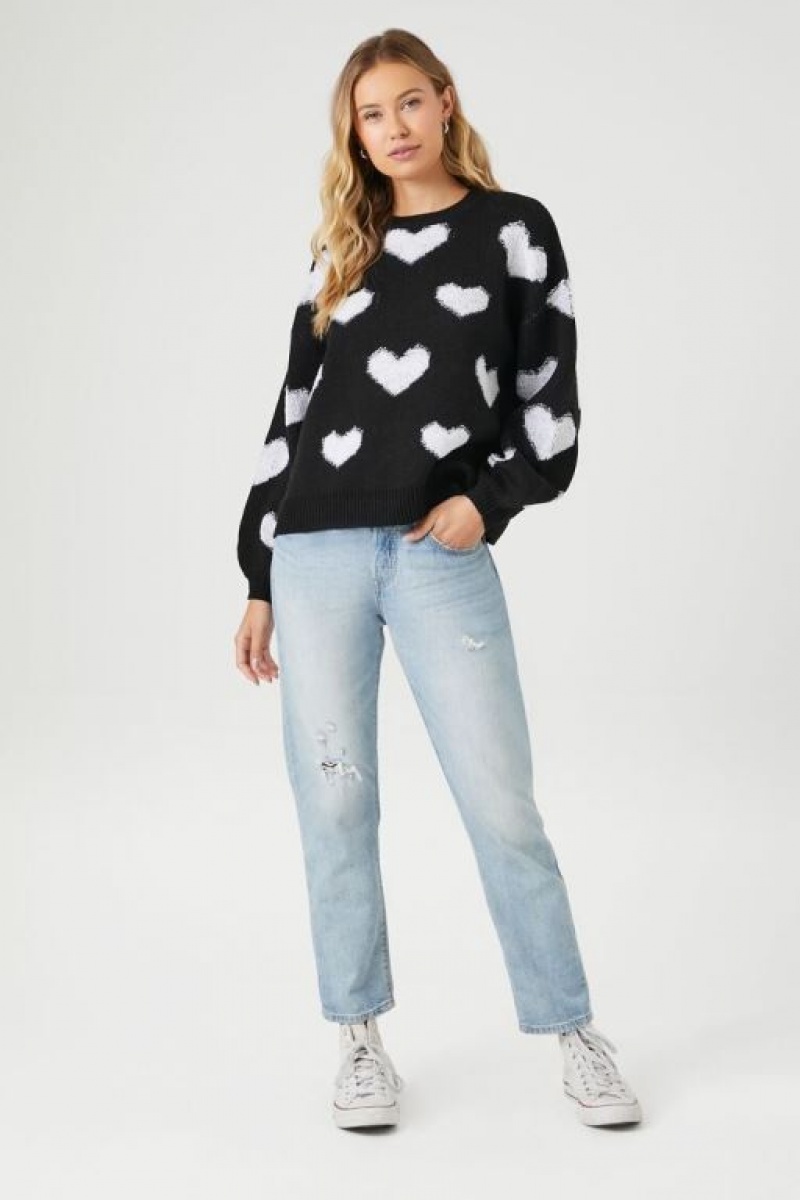 Pullover Forever 21 Heart Print Mujer Negras Blancas | HDVMKqLYEZu