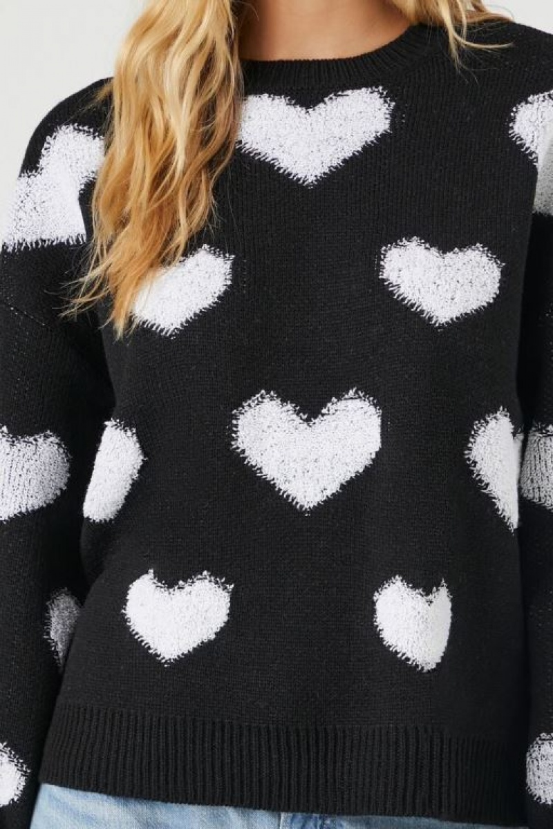 Pullover Forever 21 Heart Print Mujer Negras Blancas | HDVMKqLYEZu