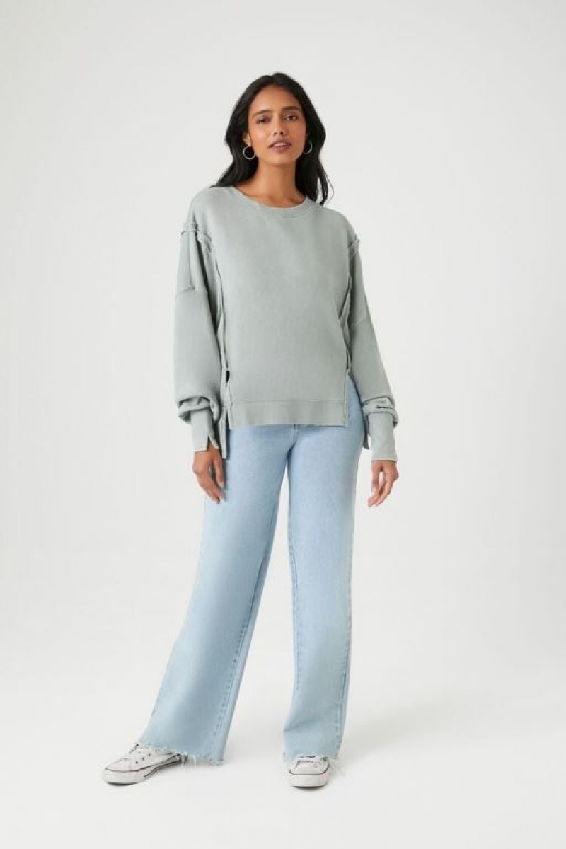 Pullover Forever 21 High Low French Terry Mujer Verde | 59ctT91WJTv