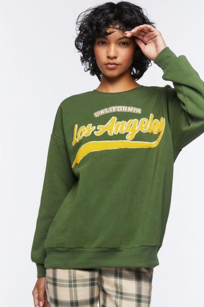 Pullover Forever 21 Los Angeles Estampadas Mujer Verde Moutarde | GN0qVr9OxKm