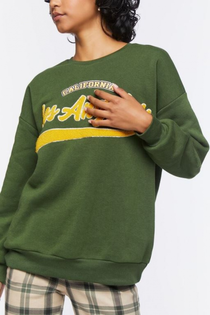 Pullover Forever 21 Los Angeles Estampadas Mujer Verde Moutarde | GN0qVr9OxKm