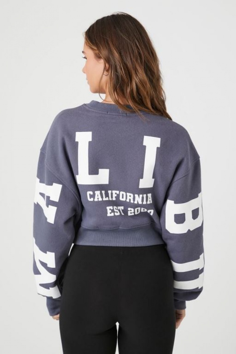 Pullover Forever 21 Malibu Estampadas Fleece Cropped Mujer Gris Oscuro Blancas | 2LAGOY3UfM4