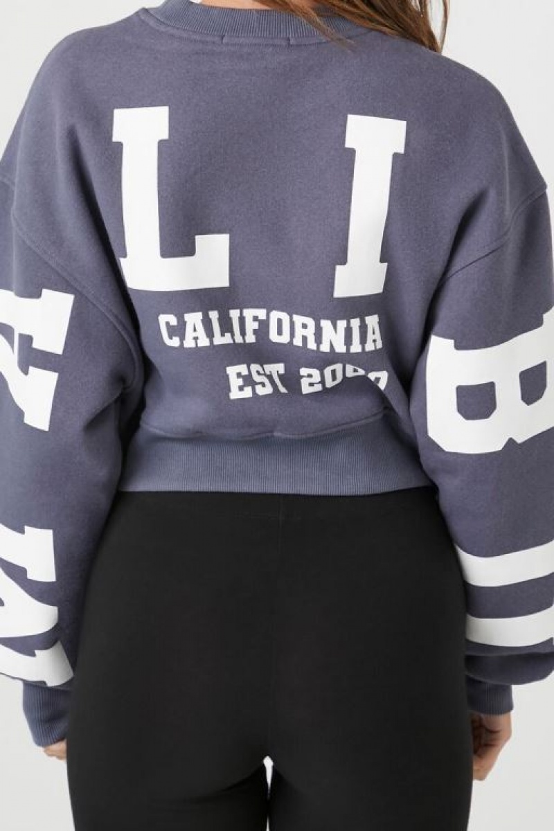 Pullover Forever 21 Malibu Estampadas Fleece Cropped Mujer Gris Oscuro Blancas | 2LAGOY3UfM4