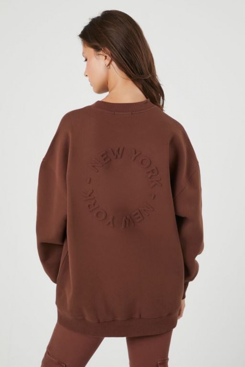 Pullover Forever 21 New York Estampadas Fleece Mujer Chocolate | IEOuzyAQ0iJ