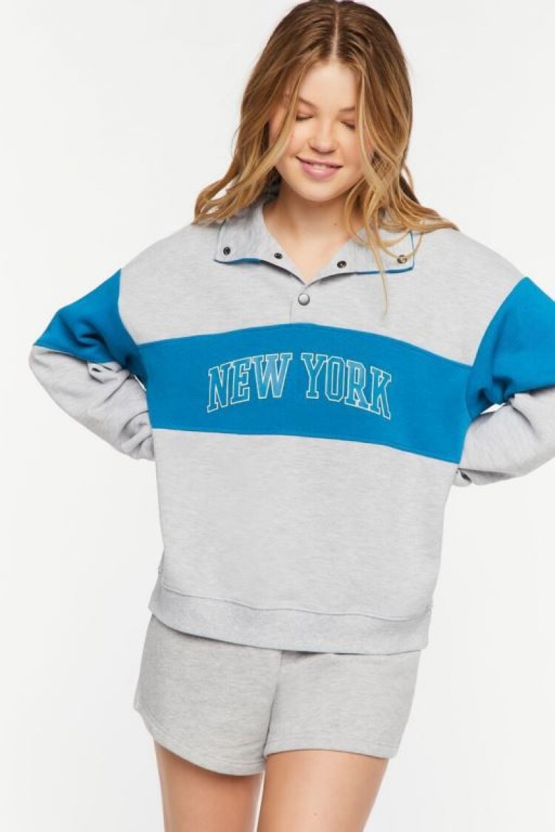 Pullover Forever 21 New York Heathered Estampadas Mujer Gris Azules | PKyZlrcV9f3