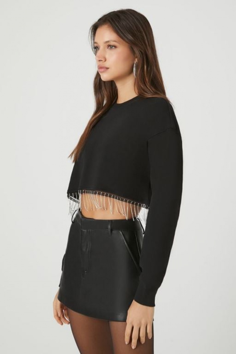 Pullover Forever 21 Rhinestone Fringe Cropped Mujer Negras | Qn5heCtViHp