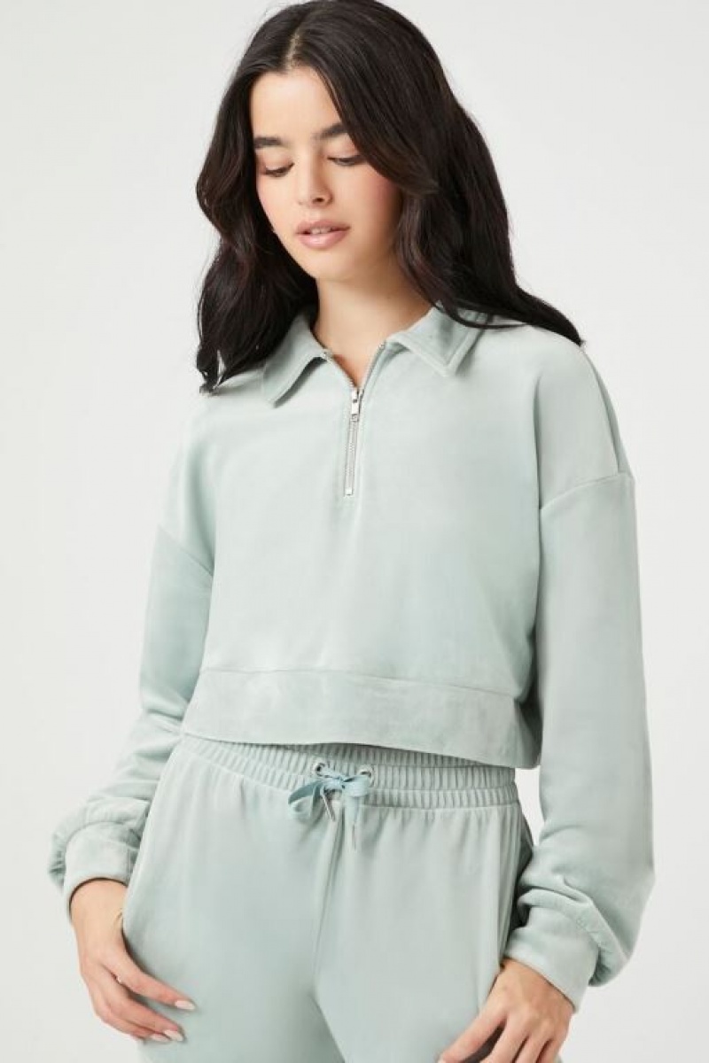 Pullover Forever 21 Velvet Half Zip Mujer Verde | LOVCHo7Xu7M