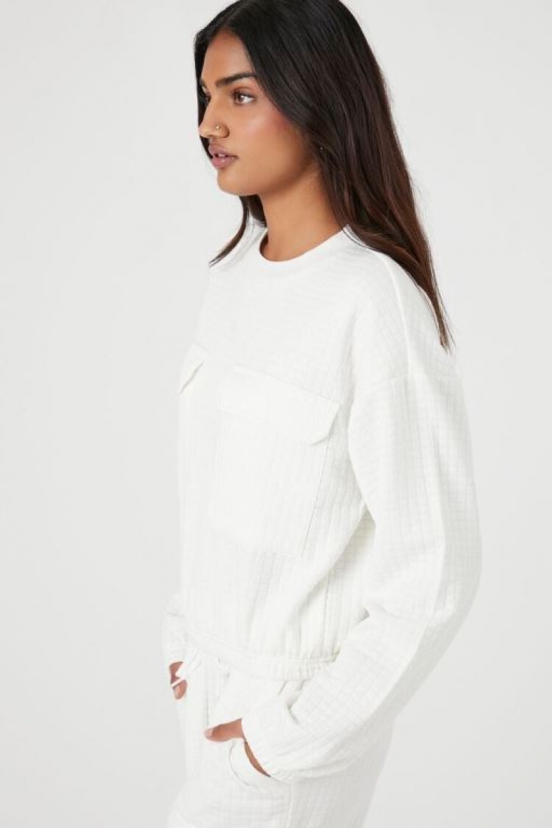 Pullover Forever 21 Waffle Knit Pocket Mujer Creme | 6JIohaSchii