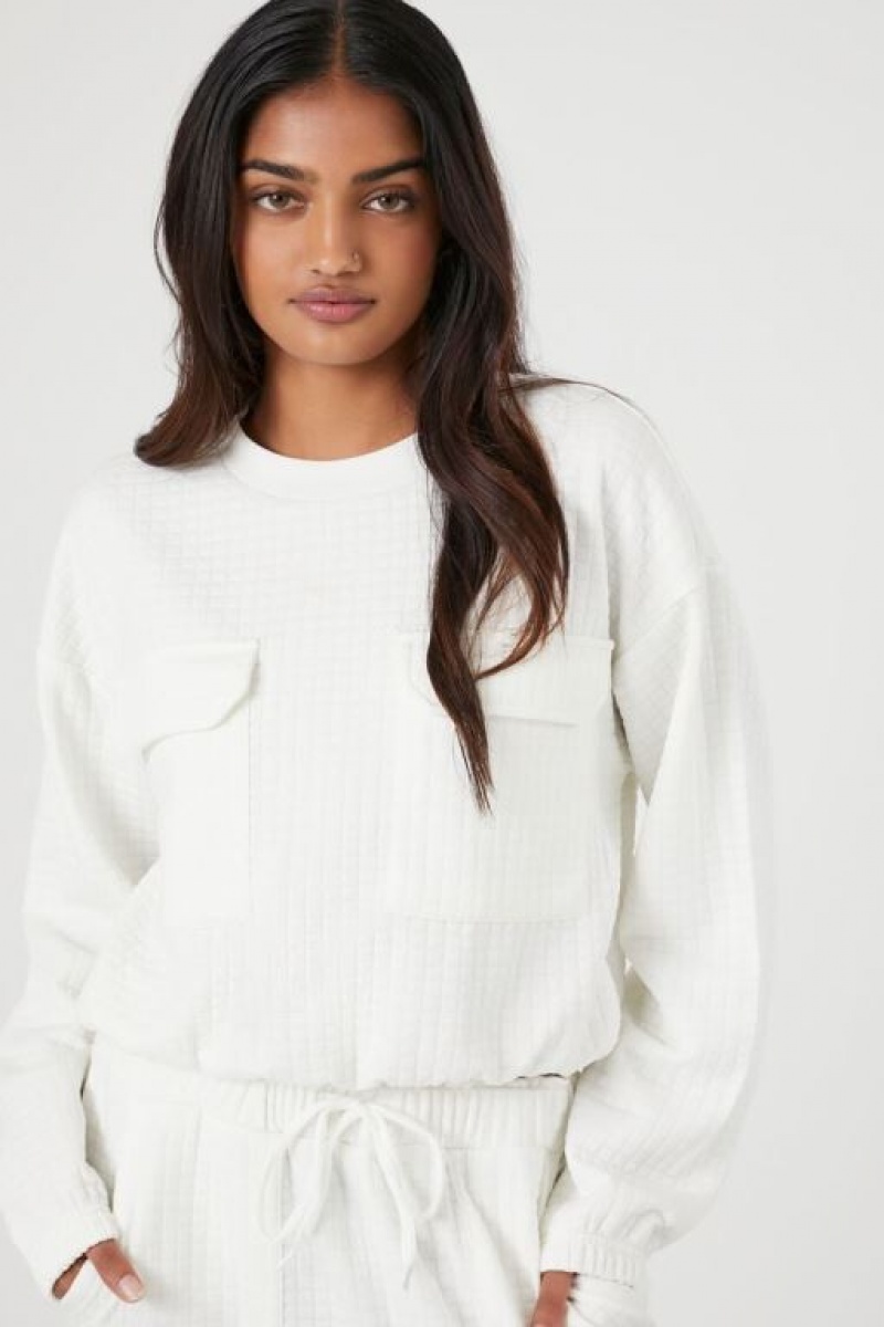 Pullover Forever 21 Waffle Knit Pocket Mujer Creme | 6JIohaSchii