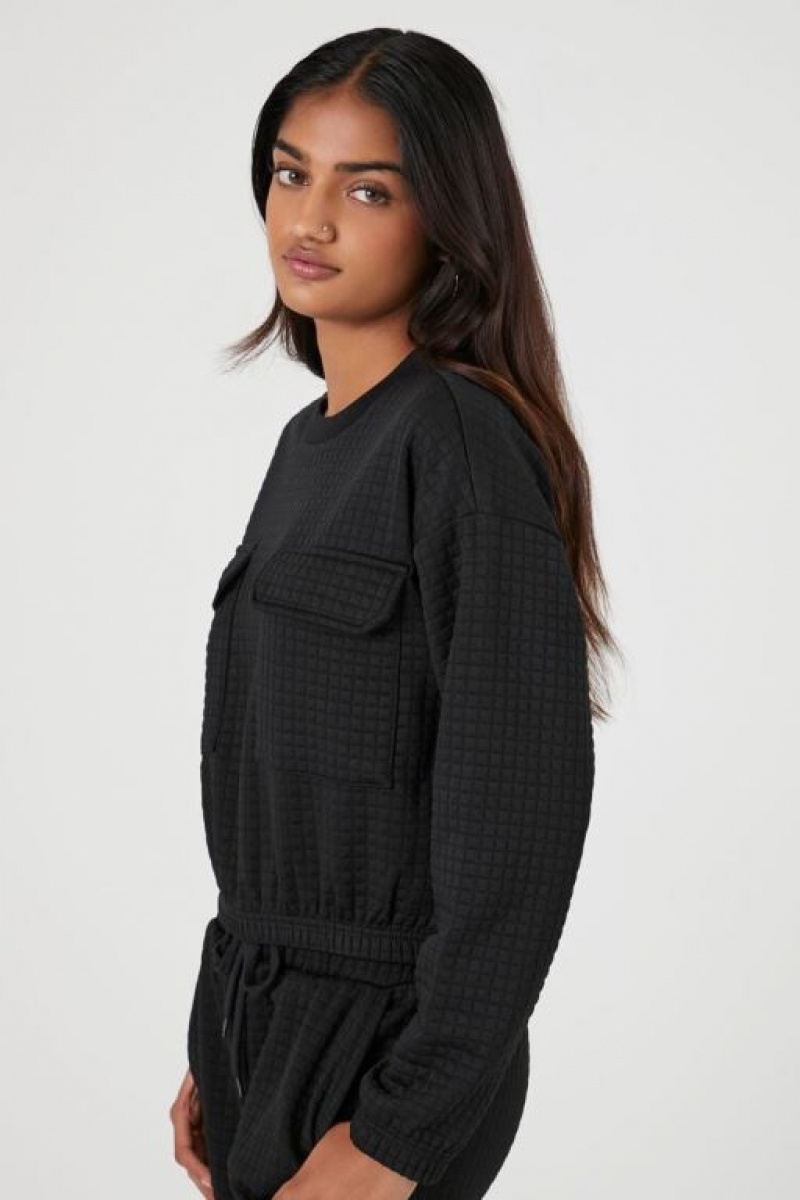 Pullover Forever 21 Waffle Knit Pocket Mujer Negras | imwwy7a4J3e