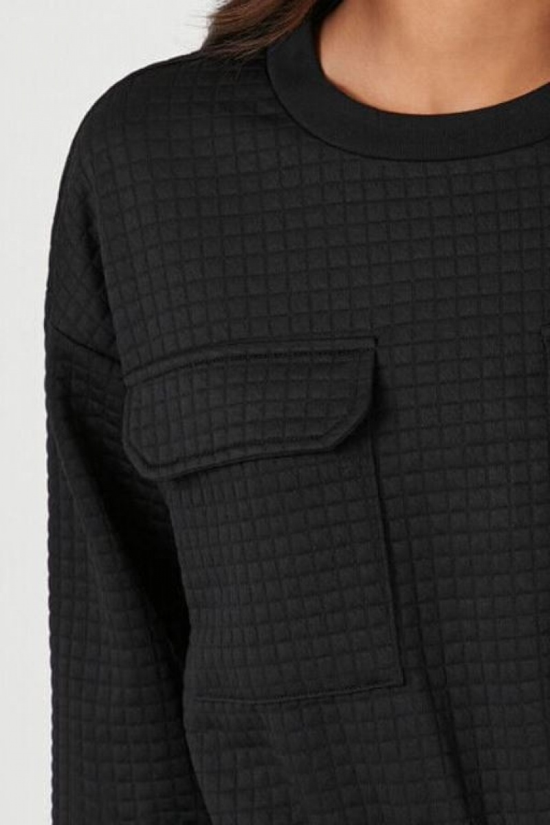 Pullover Forever 21 Waffle Knit Pocket Mujer Negras | imwwy7a4J3e