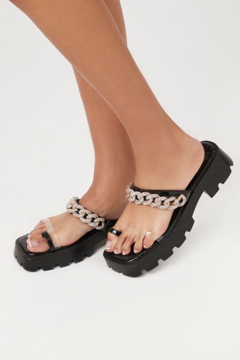 Sandalias Forever 21 Rhinestone Chain Lug Sole Mujer Negras | aMEswGYizJT