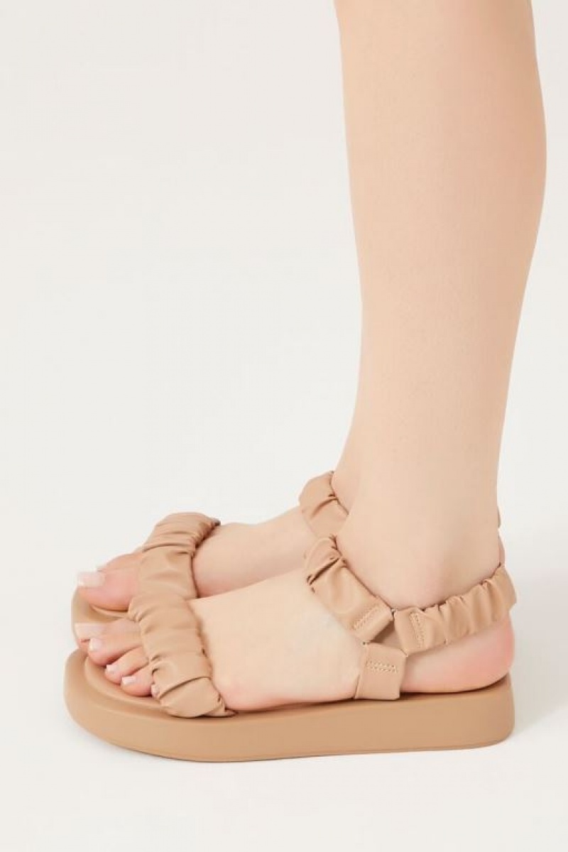 Sandalias Forever 21 Ruched Faux Cuero Mujer Beige | UFmvqxcYGgv