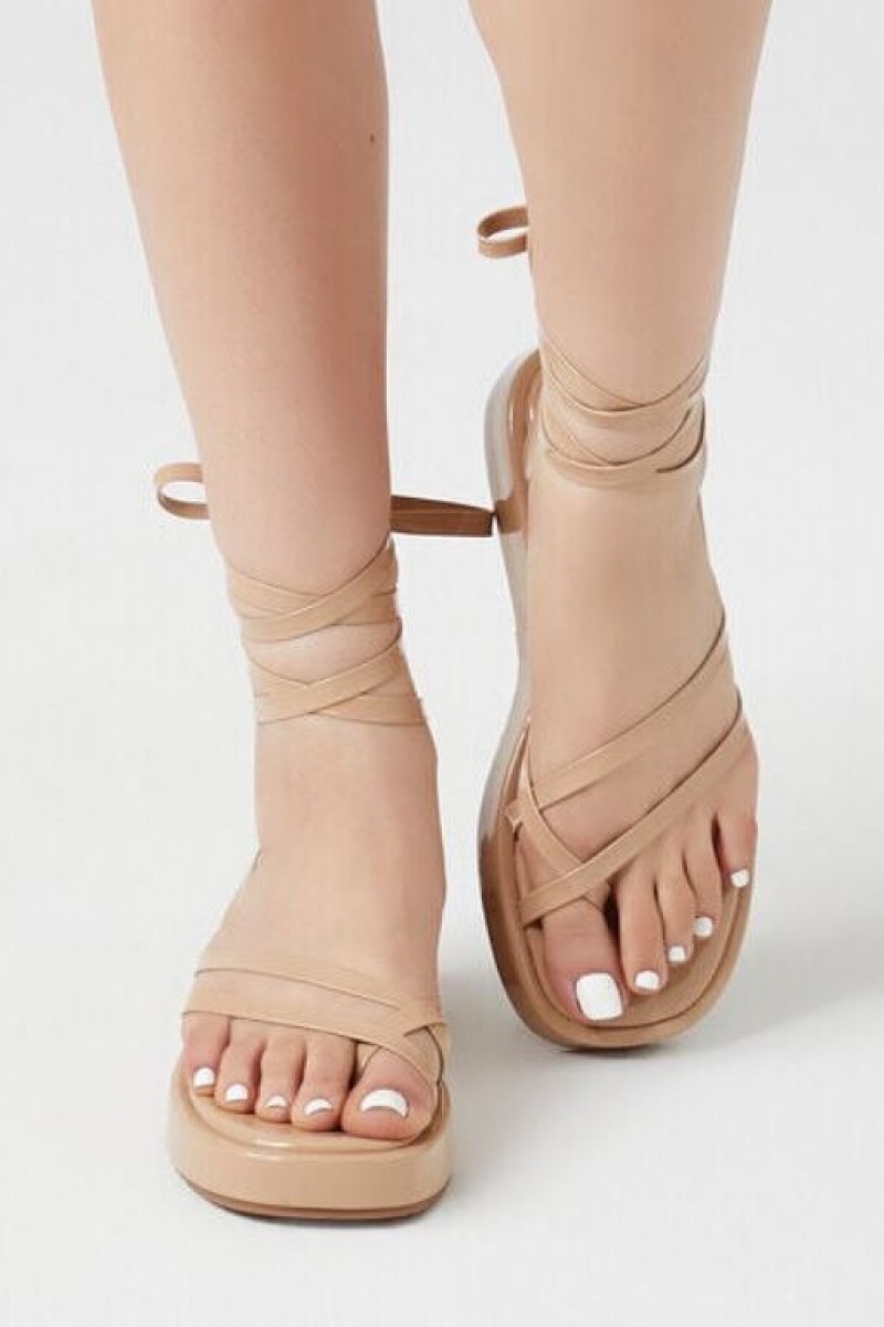 Sandalias Forever 21 Strappy Lace Up Flatform Mujer Beige | wbAxwD1WcLo