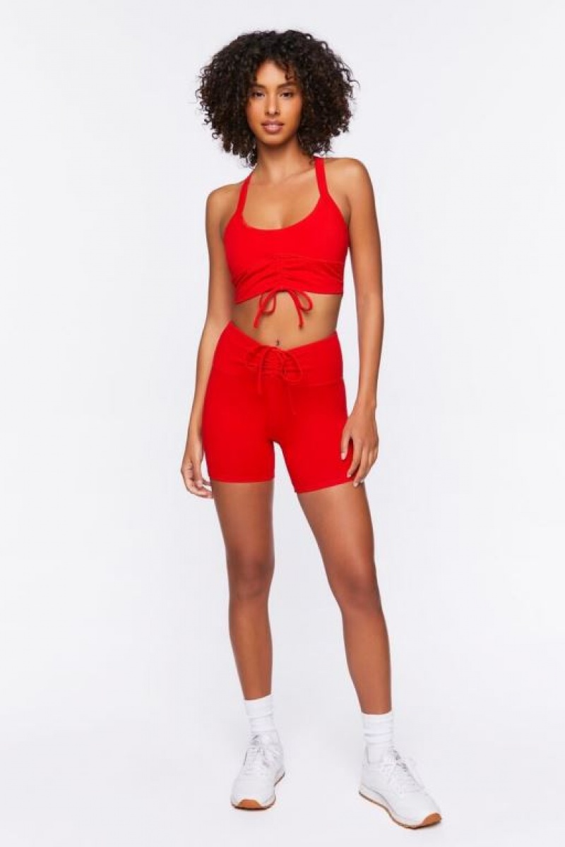 Short Forever 21 Active Ruched Drawstring Biker Mujer Rojas | KW4DClfpdcq