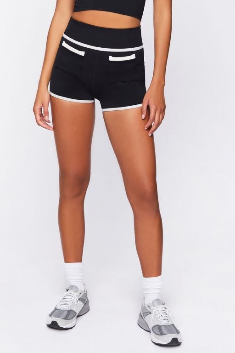 Short Forever 21 Active Seamless Contrast Trim Biker Mujer Negras Blancas | 6zTYZWTAT3x