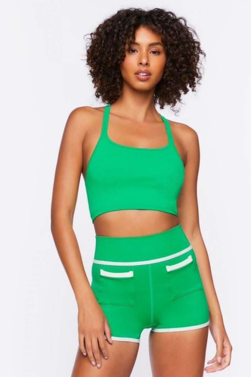 Short Forever 21 Active Seamless Contrast Trim Biker Mujer Verde Blancas | hAfpVccFHpg