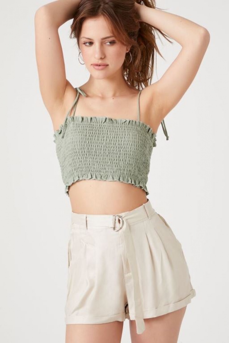 Short Forever 21 Belted High Rise Mujer Kaki | T1n7CKJENao