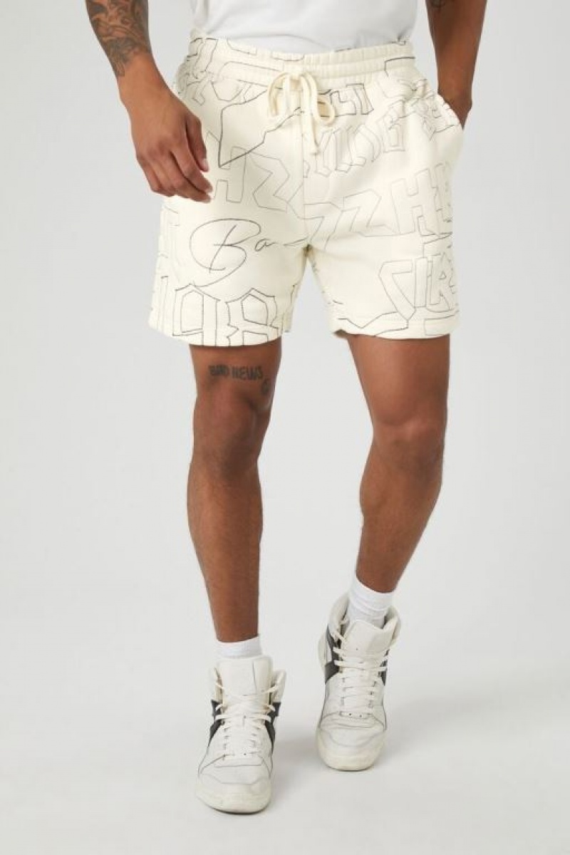 Short Forever 21 Embroidered Drawstring Sweatshorts Hombre Creme Negras | JgTiCrevThU