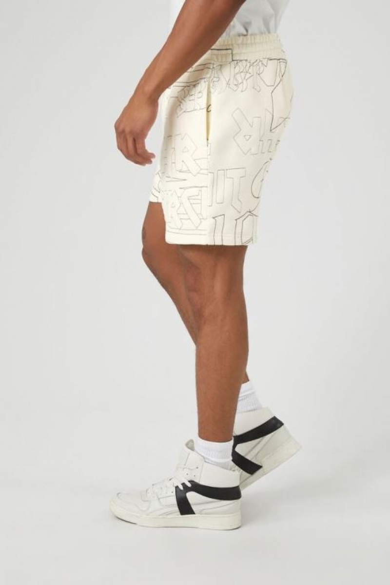 Short Forever 21 Embroidered Drawstring Sweatshorts Hombre Creme Negras | JgTiCrevThU