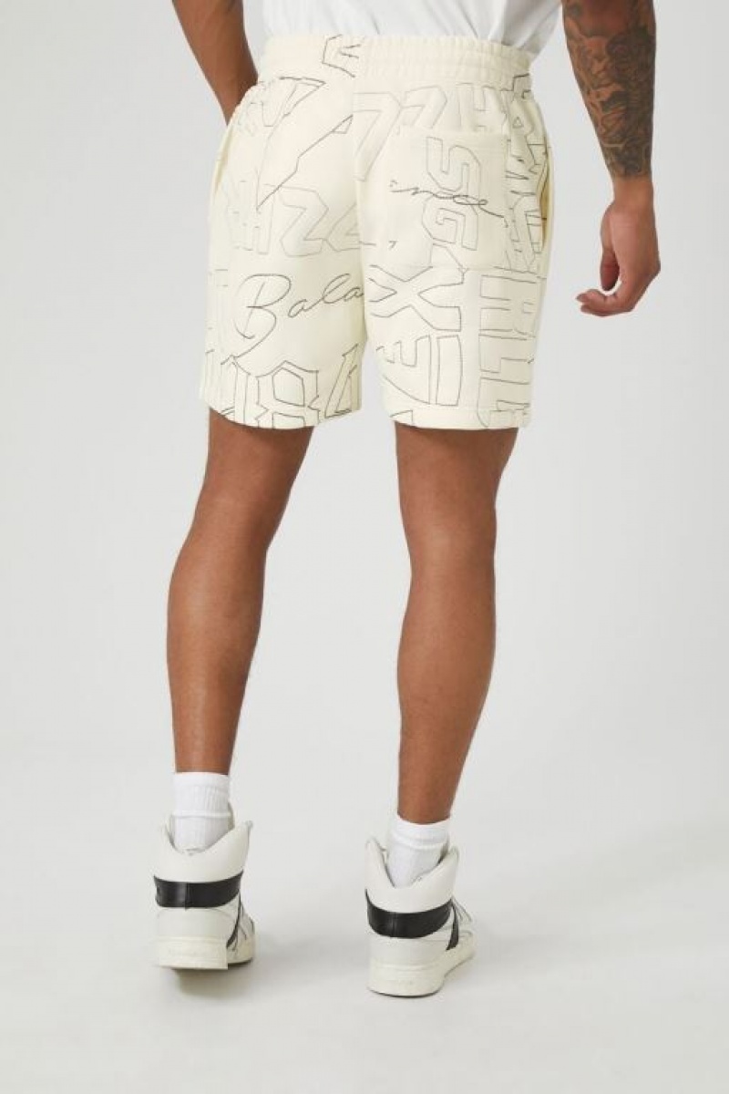 Short Forever 21 Embroidered Drawstring Sweatshorts Hombre Creme Negras | JgTiCrevThU