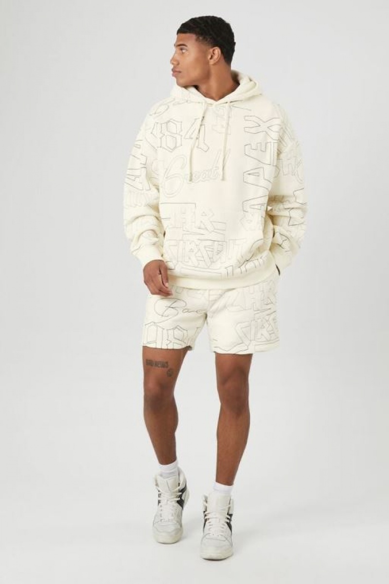 Short Forever 21 Embroidered Drawstring Sweatshorts Hombre Creme Negras | JgTiCrevThU