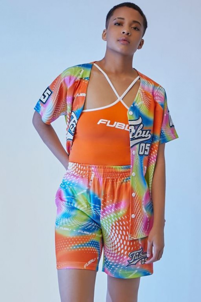 Short Forever 21 Embroidered Fubu Mesh Mujer Naranjas Multicolor | FrtV3IiZj7k