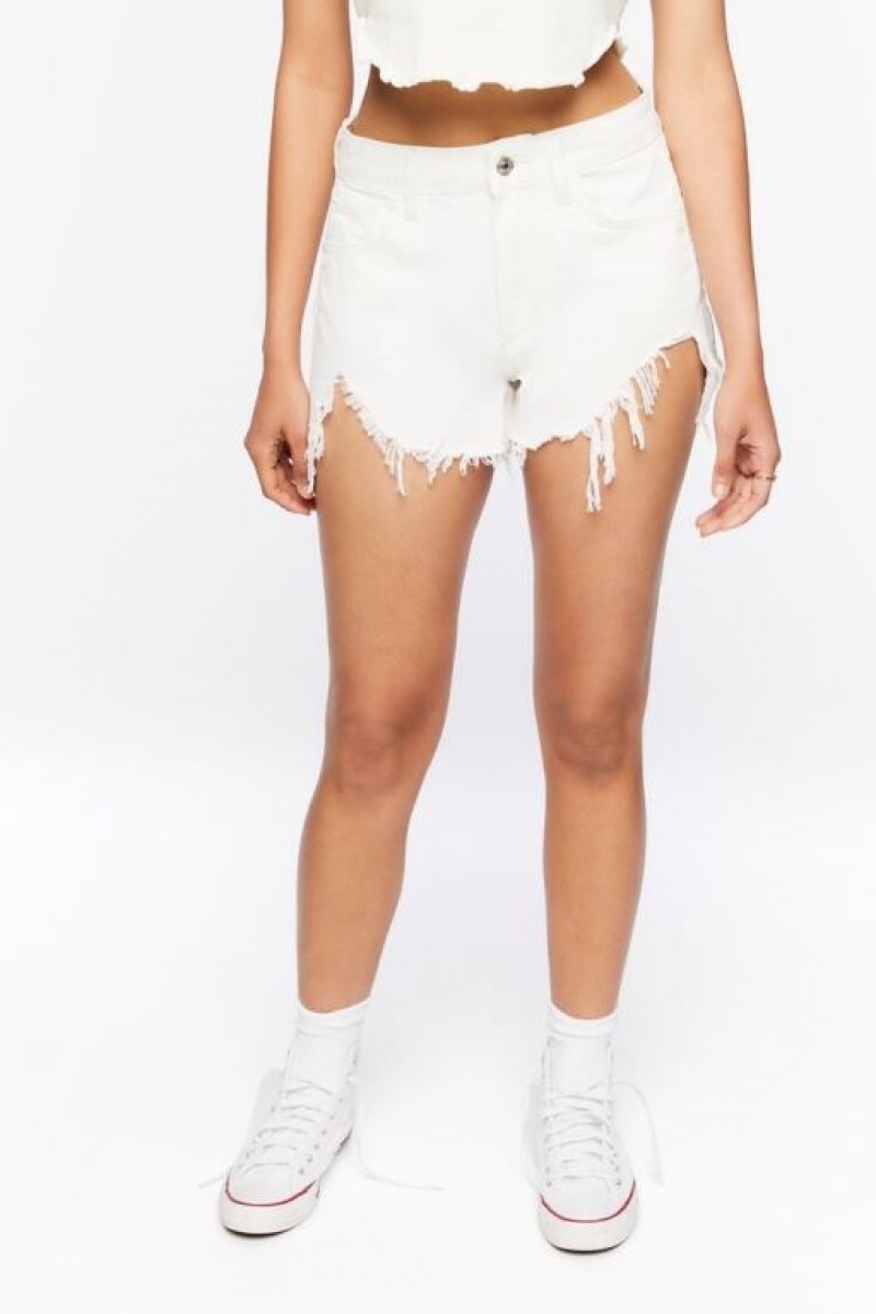 Short Forever 21 Frayed Distressed Denim Mujer Creme | GJoVMbPFuwd