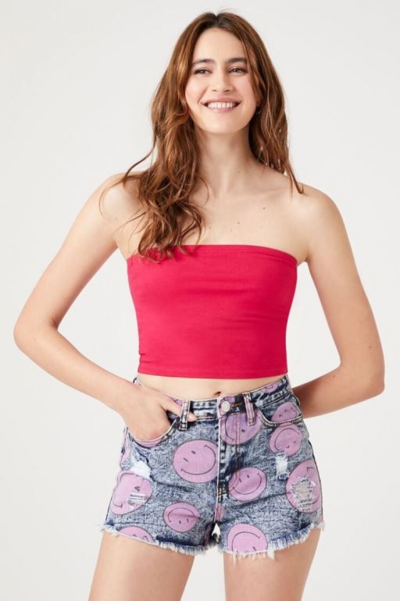 Short Forever 21 Happy Face Print Denim Mujer Azules Rosas | erYJqGC94CF