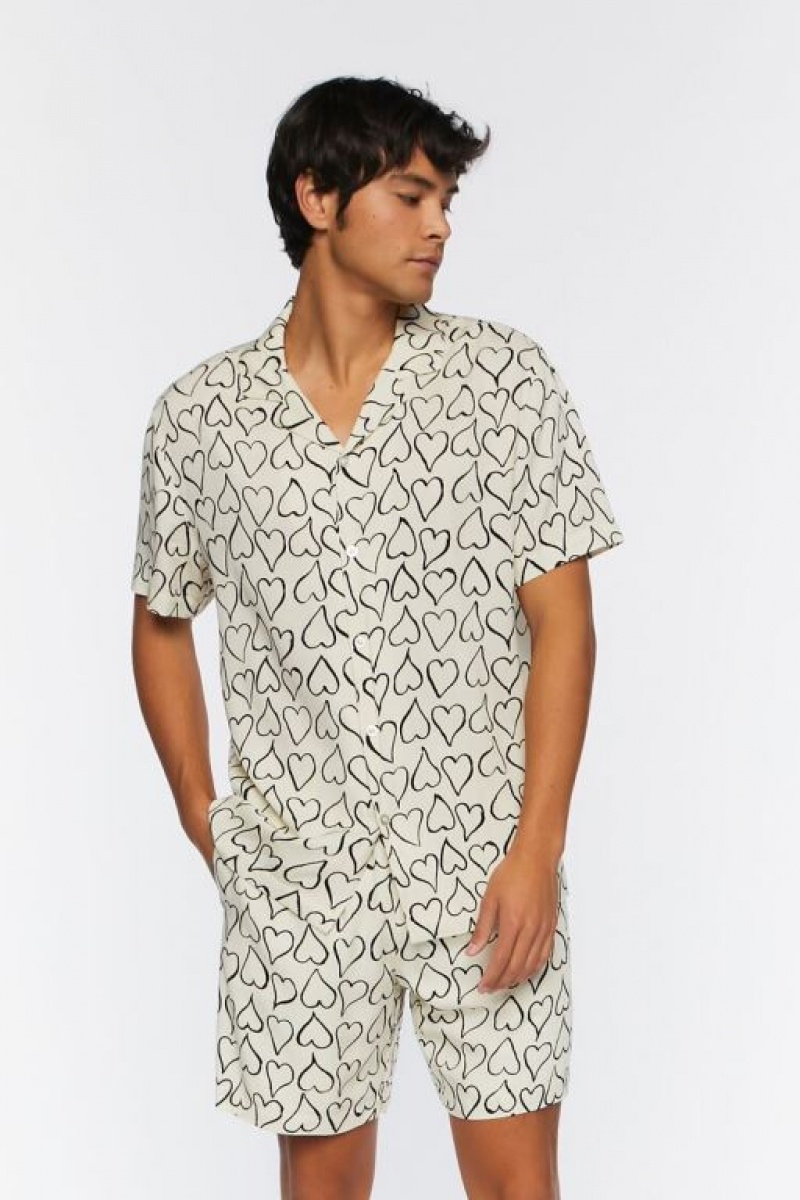 Short Forever 21 Heart Print Drawstring Hombre Blancas Negras | ohPHHKLdEeM