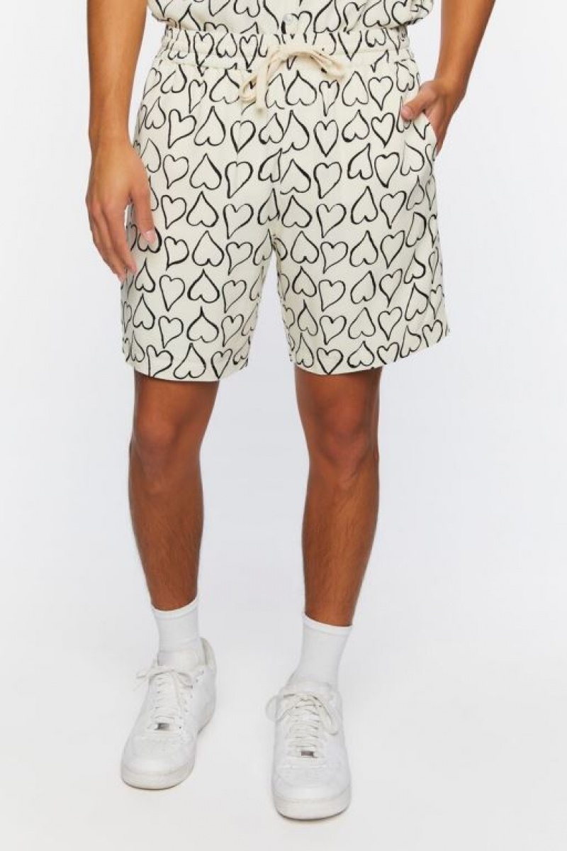 Short Forever 21 Heart Print Drawstring Hombre Blancas Negras | ohPHHKLdEeM