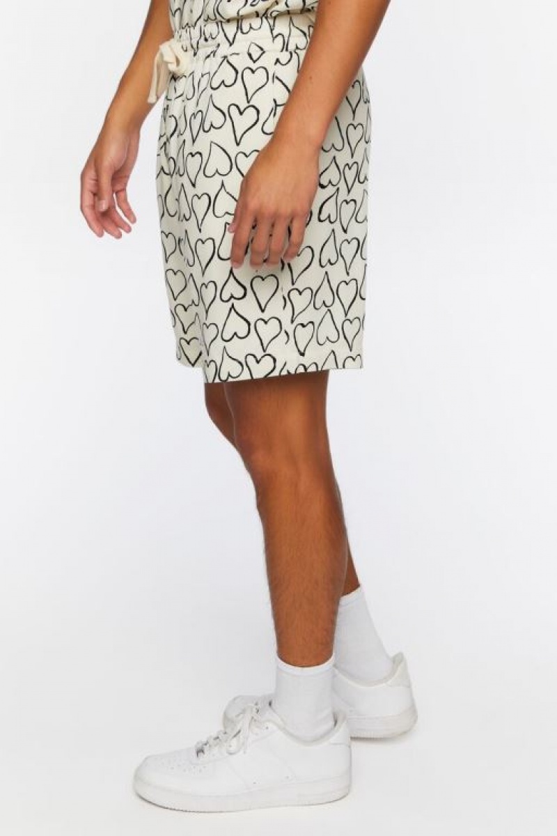 Short Forever 21 Heart Print Drawstring Hombre Blancas Negras | ohPHHKLdEeM