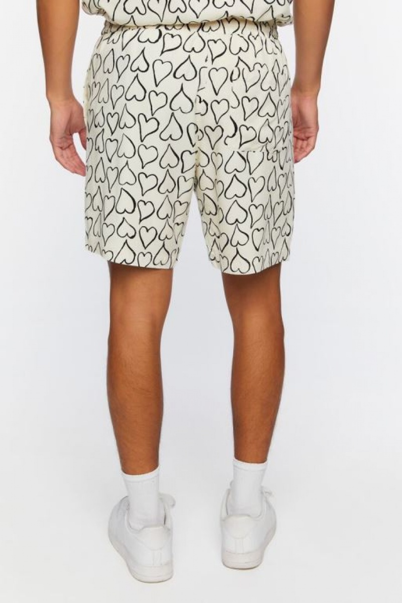 Short Forever 21 Heart Print Drawstring Hombre Blancas Negras | ohPHHKLdEeM