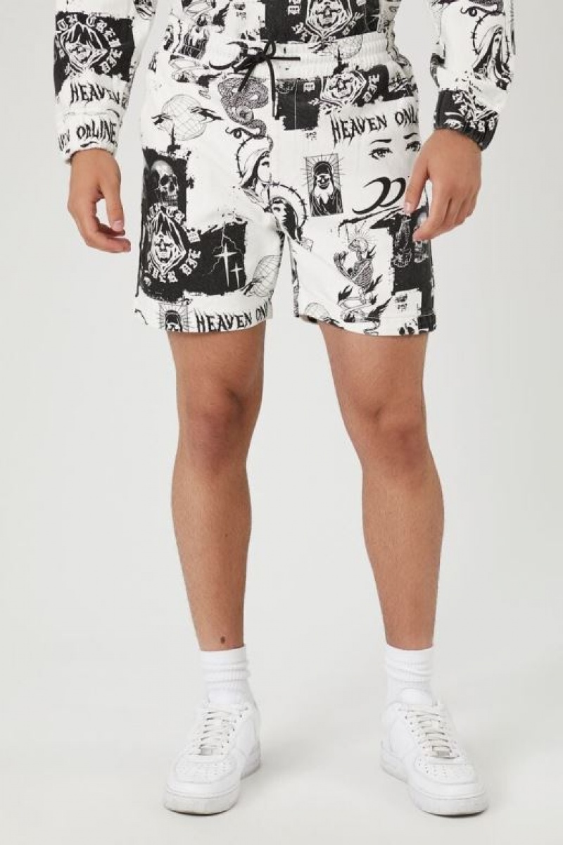 Short Forever 21 Heaven Online Estampadas Hombre Creme Negras | OSlKxJYiVqh