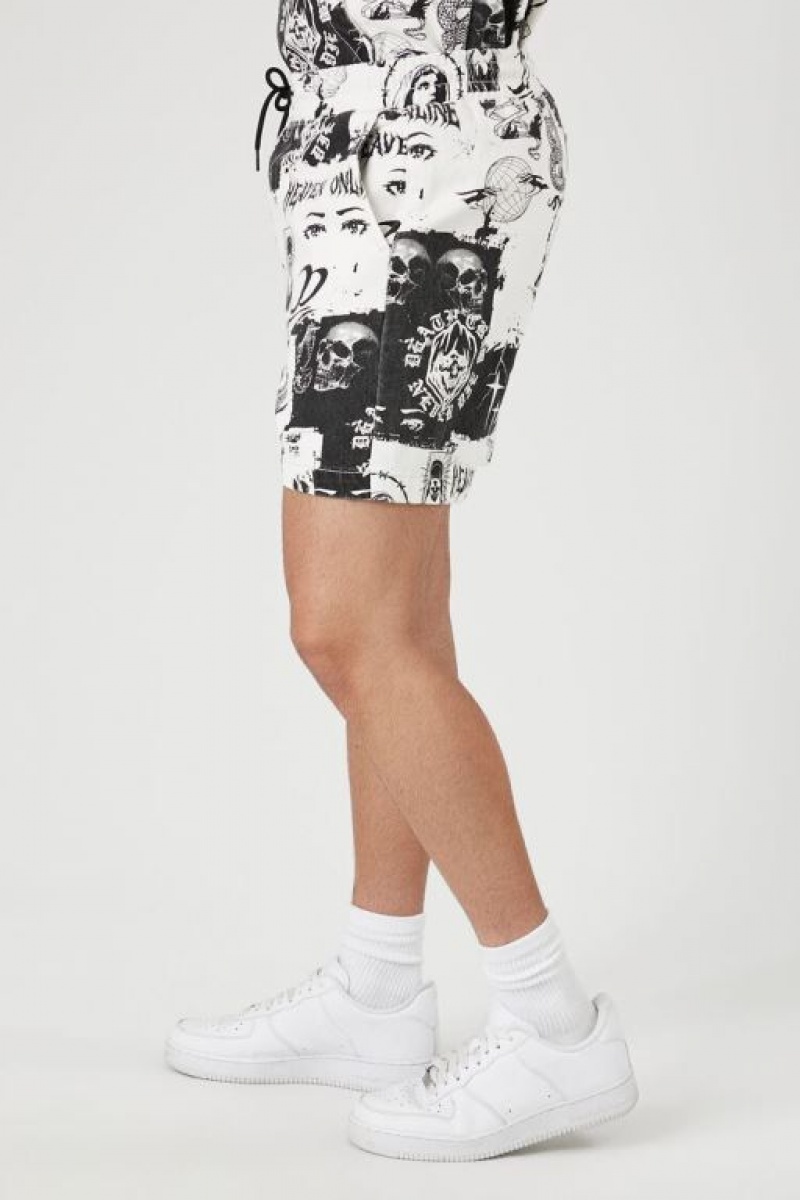 Short Forever 21 Heaven Online Estampadas Hombre Creme Negras | OSlKxJYiVqh