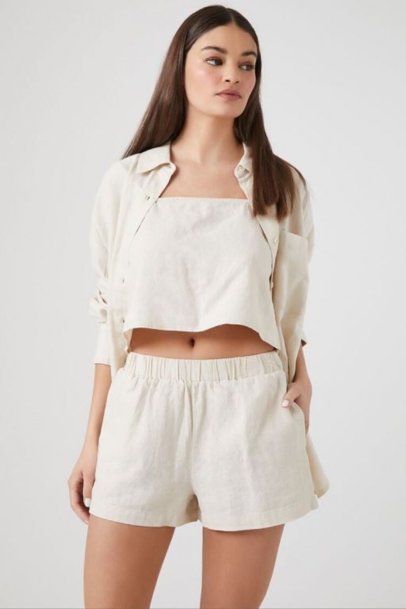 Short Forever 21 Linen Blend Pocket Mujer Beige | ZC3GscFO6jZ