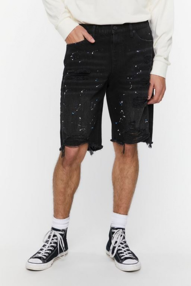 Short Forever 21 Paint Splatter Distressed Denim Hombre Negras Multicolor | mr9eALDUe82