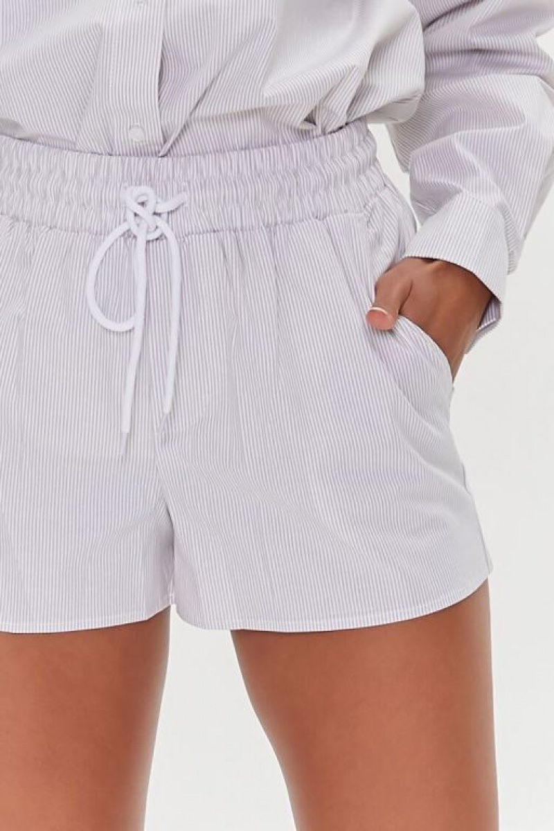 Short Forever 21 Pinstriped Poplin Drawstring Mujer Gris Marrones Blancas | g8zRBj3RT9e