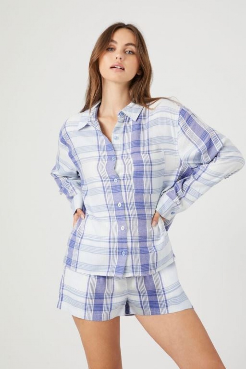 Short Forever 21 Plaid Flannel Pajama Mujer Azules Multicolor | 3fVHjqTknwL