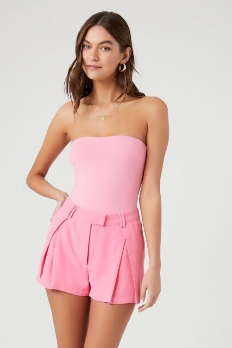 Short Forever 21 Plisado High Rise Crepe Mujer Rosas | 7USNGedAkc4